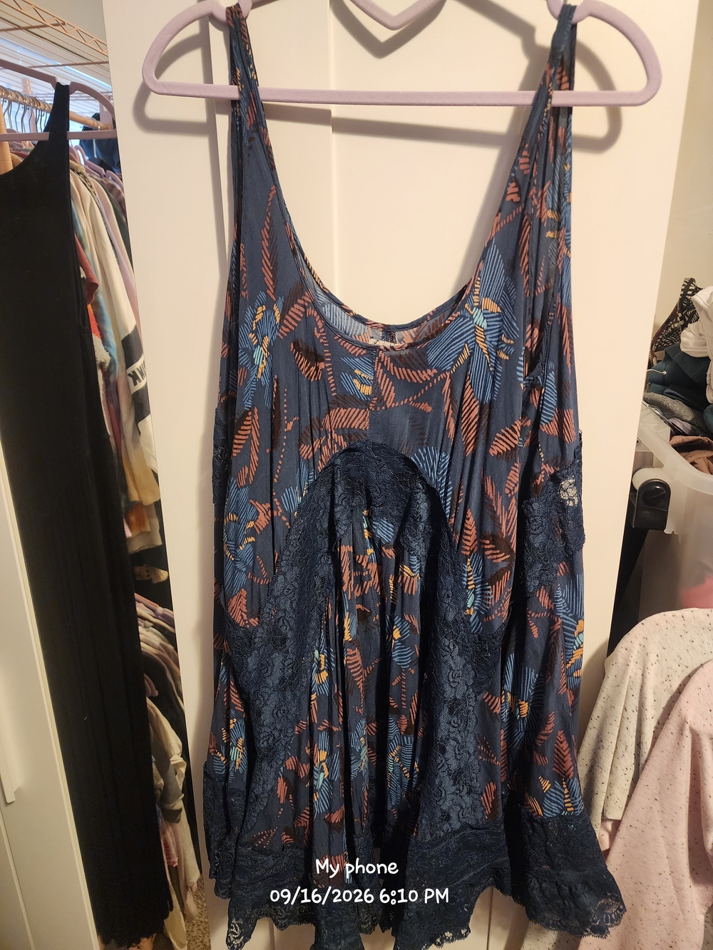 Free People Navy Floral Lace-Trim Camisole Tank